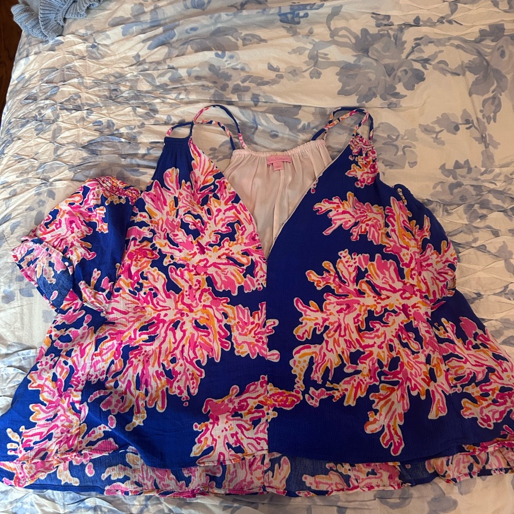 Lilly Pulitzer Asymmetrical Ruffled Blue and Orange Tank Top